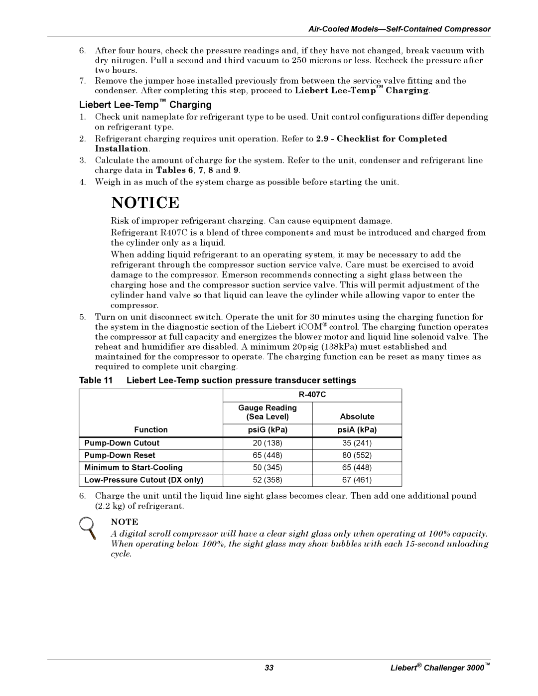 Emerson 3000 installation manual Liebert Lee-TempCharging, Liebert Lee-Temp suction pressure transducer settings, 407C 