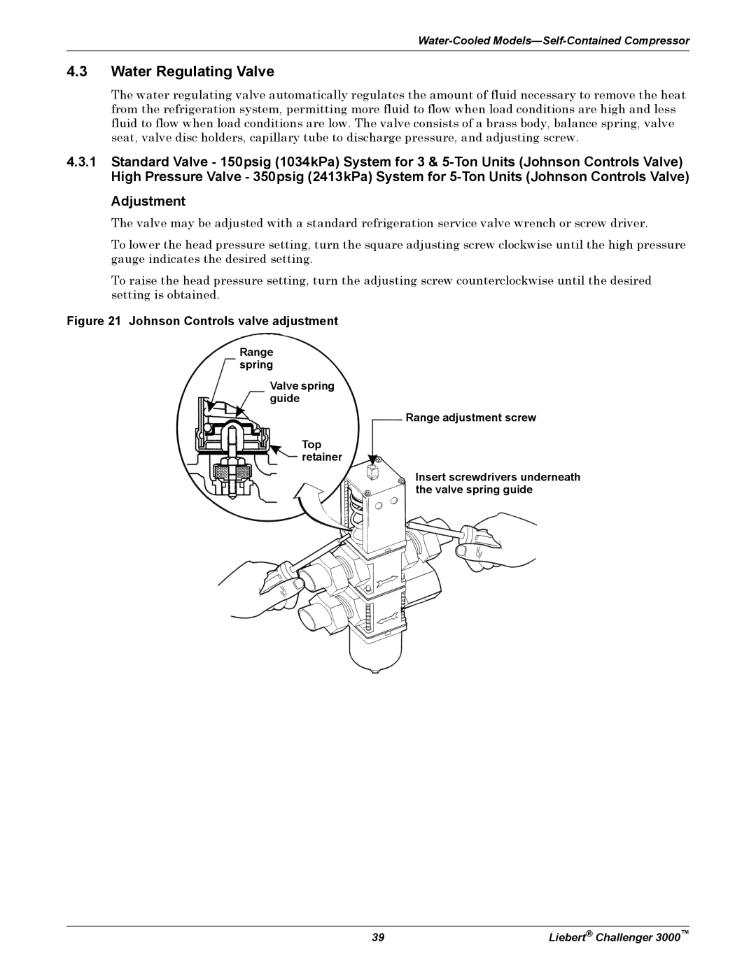 Emerson 3000 installation manual Water Regulating Valve, Adjustment 