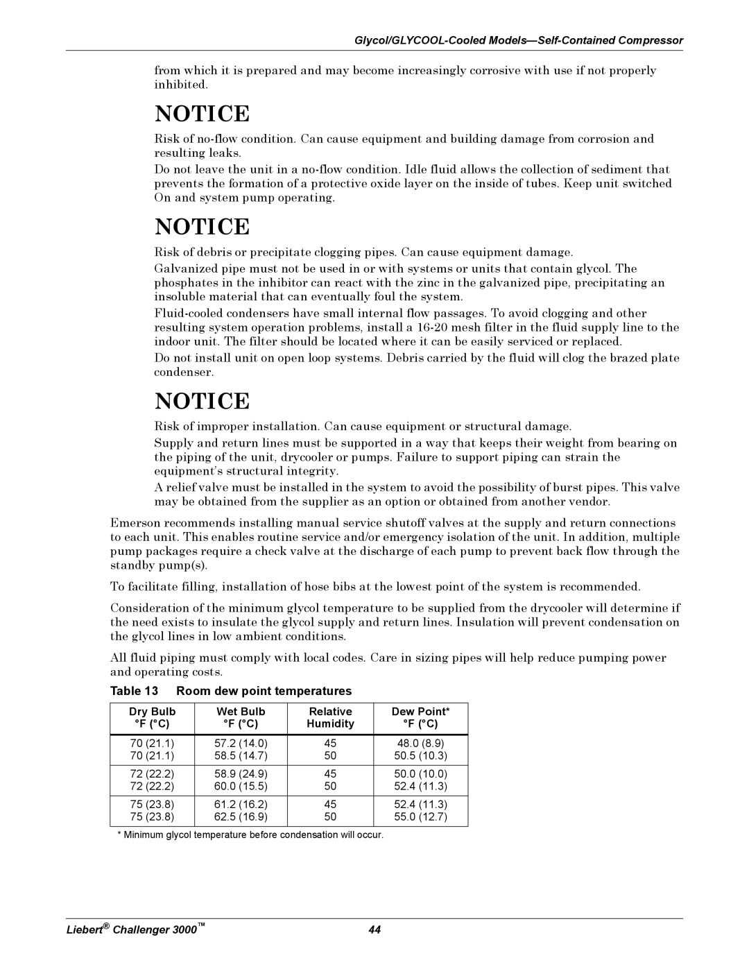 Emerson 3000 installation manual Room dew point temperatures, Dry Bulb Wet Bulb Relative Dew Point Humidity 