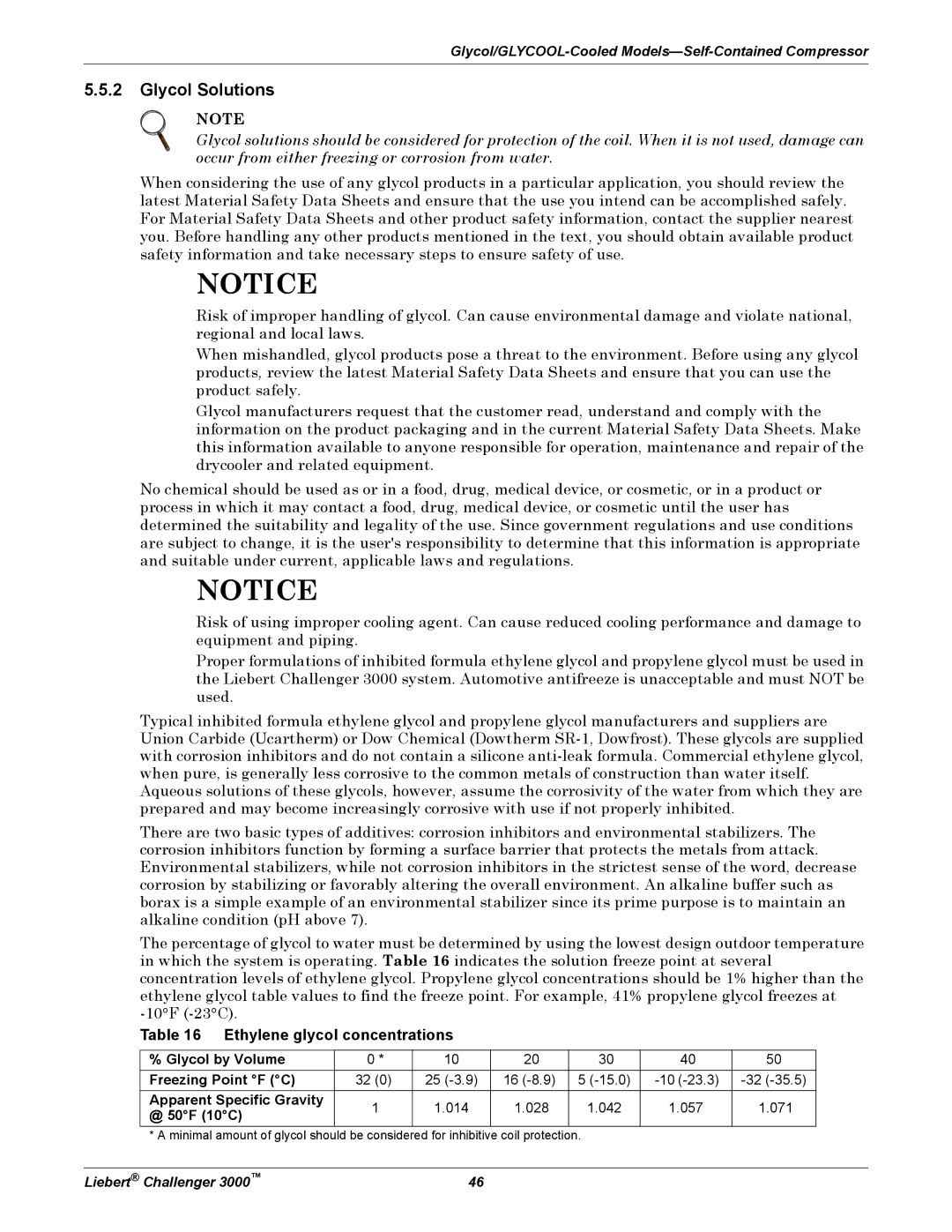 Emerson 3000 installation manual Glycol Solutions, Ethylene glycol concentrations 