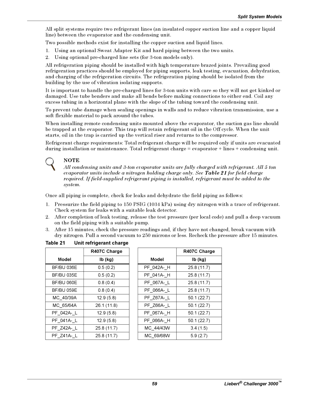Emerson 3000 installation manual Unit refrigerant charge, R407C Charge, Model Lb kg 