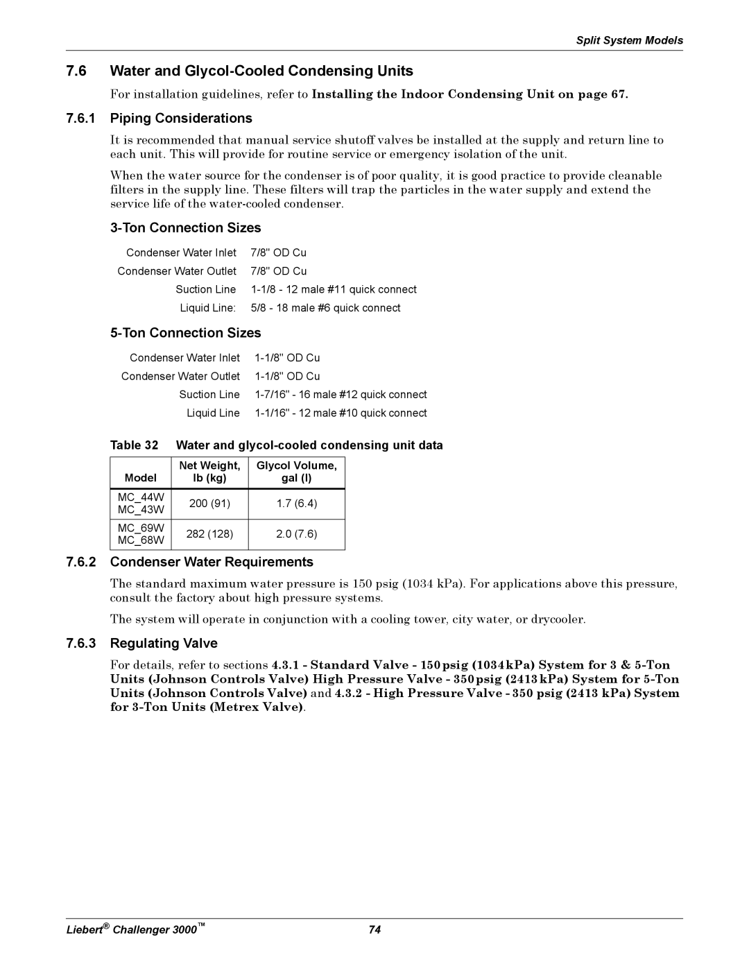 Emerson 3000 Water and Glycol-Cooled Condensing Units, Piping Considerations, Ton Connection Sizes, Regulating Valve 