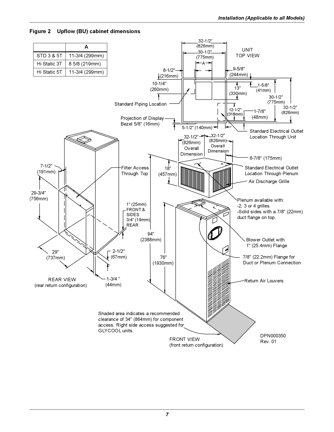 Emerson 3000 installation manual Upflow BU cabinet dimensions 