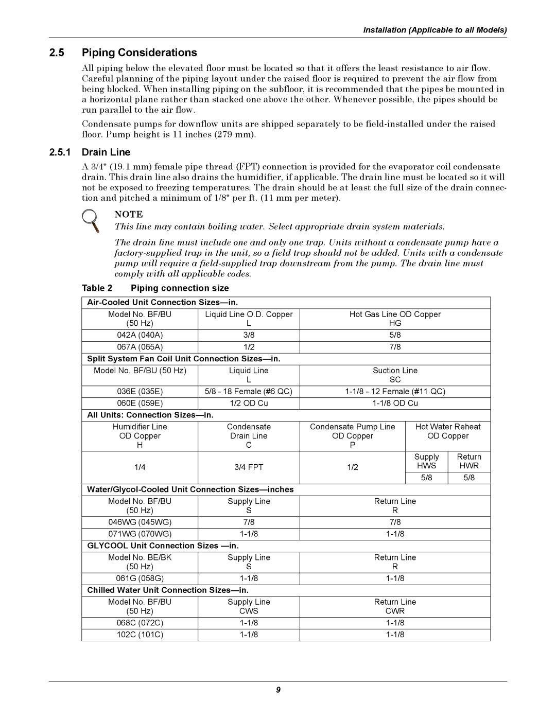 Emerson 3000 installation manual Piping Considerations, Drain Line, Piping connection size 