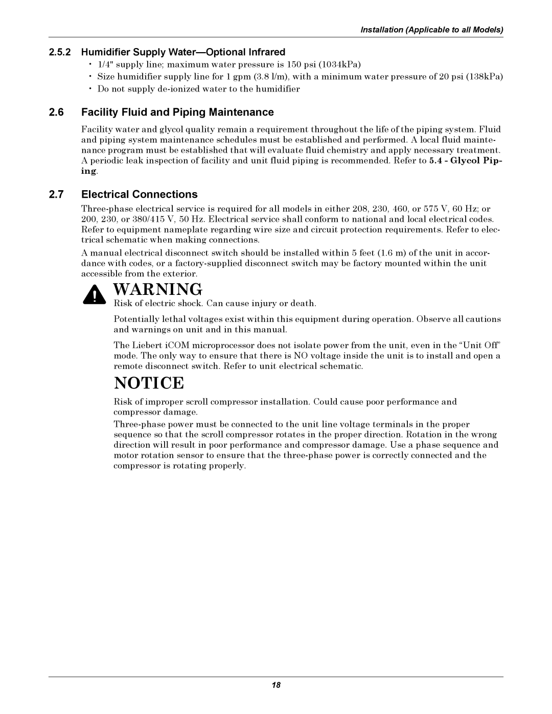 Emerson 3000 Facility Fluid and Piping Maintenance, Electrical Connections, Humidifier Supply Water-Optional Infrared 