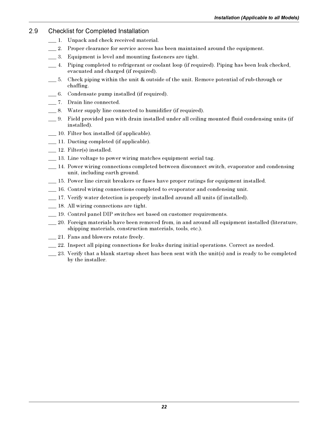 Emerson 3000 installation manual Checklist for Completed Installation 