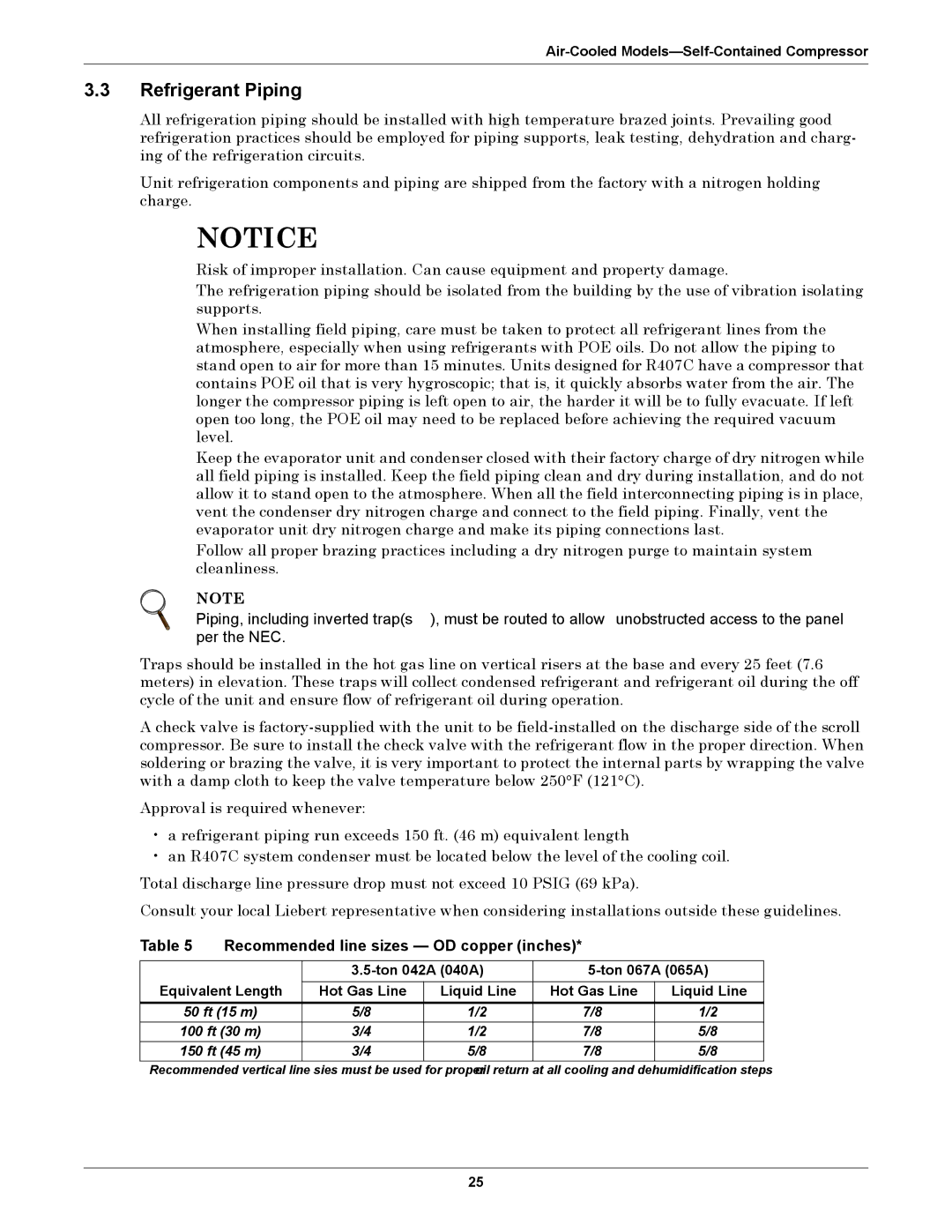 Emerson 3000 installation manual Refrigerant Piping, Recommended line sizes OD copper inches 