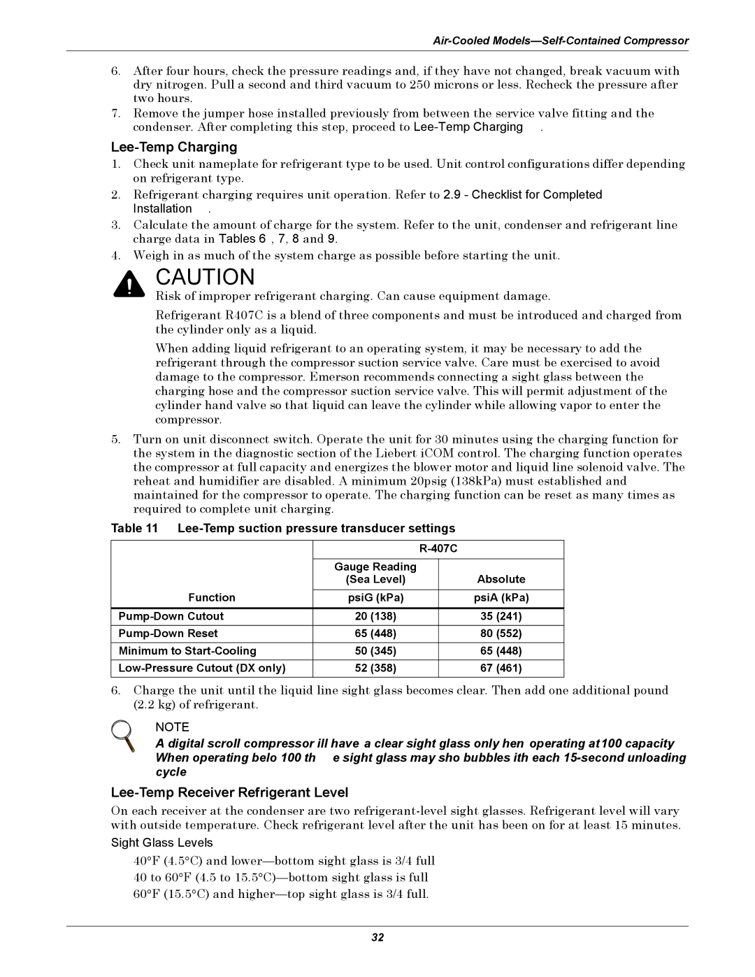 Emerson 3000 Lee-Temp Charging, Lee-Temp Receiver Refrigerant Level, Lee-Temp suction pressure transducer settings, 407C 