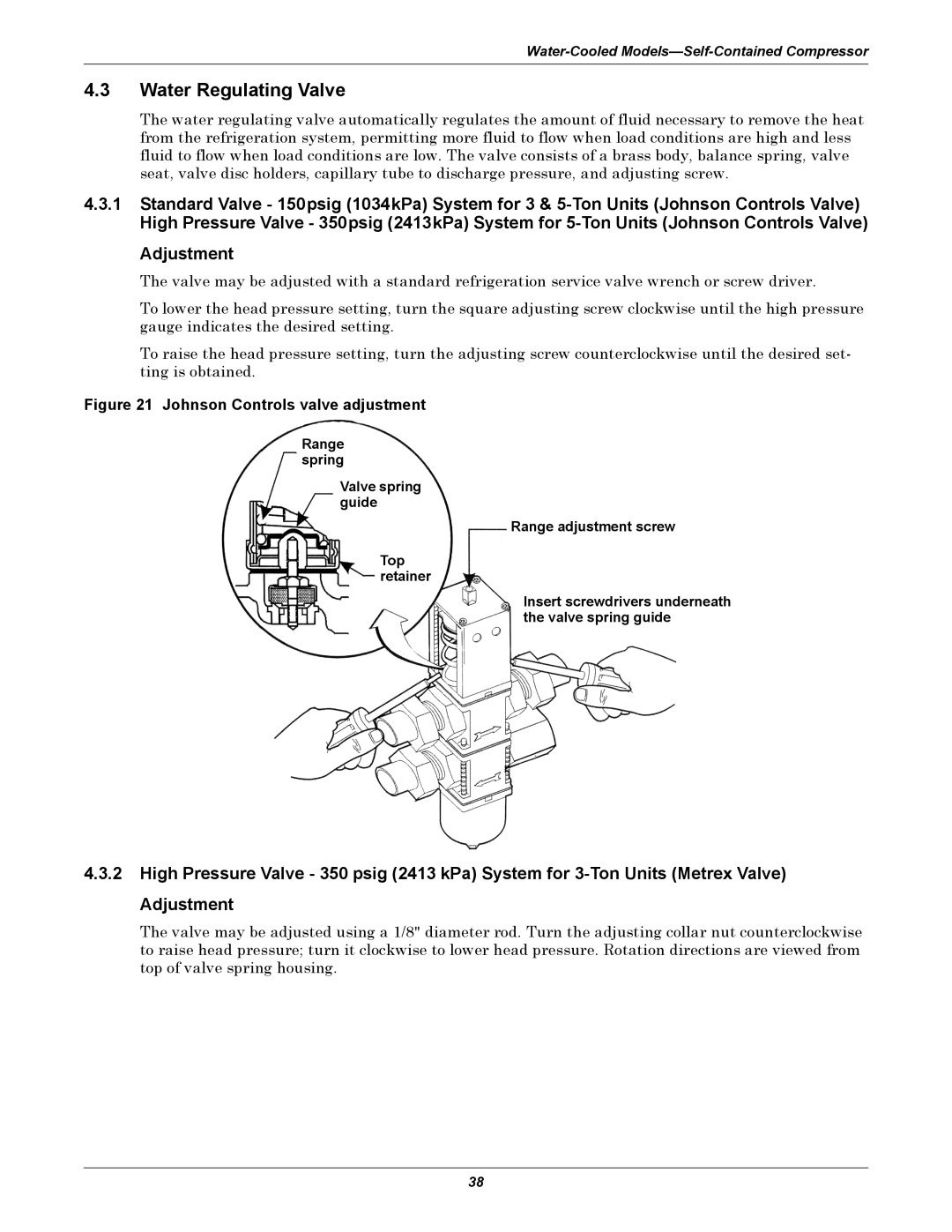 Emerson 3000 installation manual Water Regulating Valve, Adjustment 