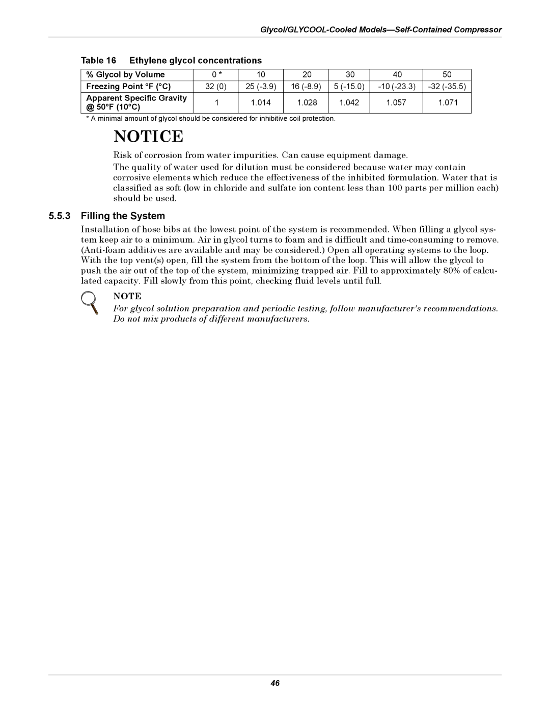 Emerson 3000 installation manual Filling the System, Ethylene glycol concentrations, @ 50F 10C 