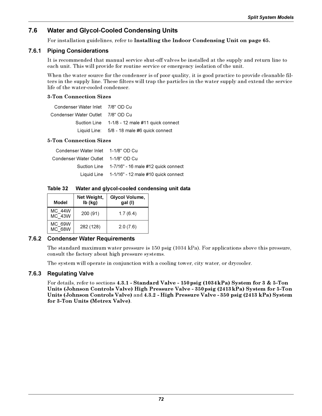 Emerson 3000 Water and Glycol-Cooled Condensing Units, Piping Considerations, Condenser Water Requirements 