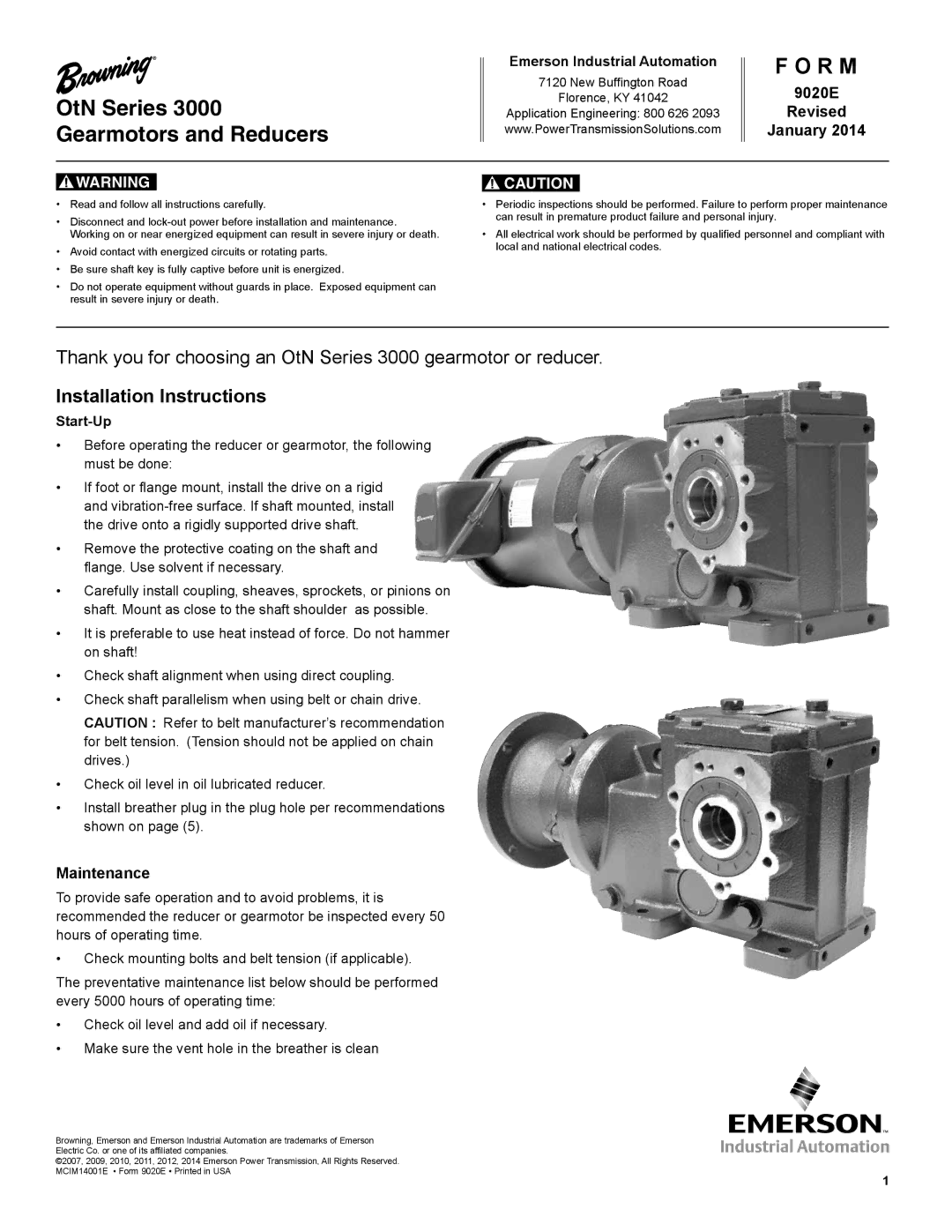 Emerson 3000 installation instructions Installation Instructions, 9020E Revised January, Maintenance, Start-Up 