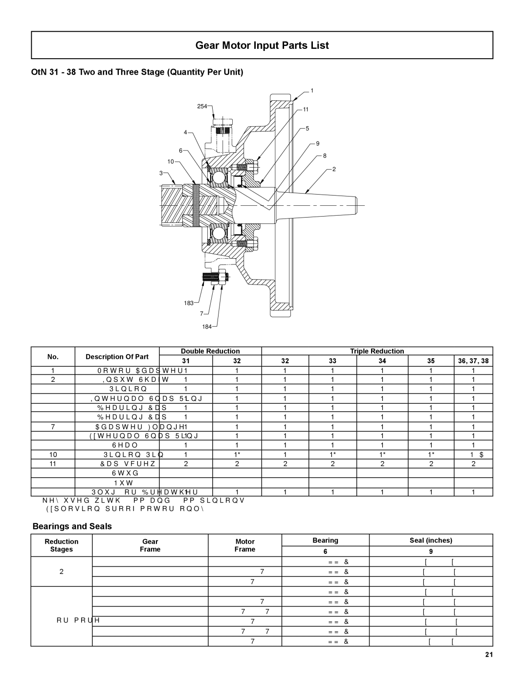 Emerson 3000 Gear Motor Input Parts List, Bearings and Seals, Double Reduction Triple Reduction 36, 37 