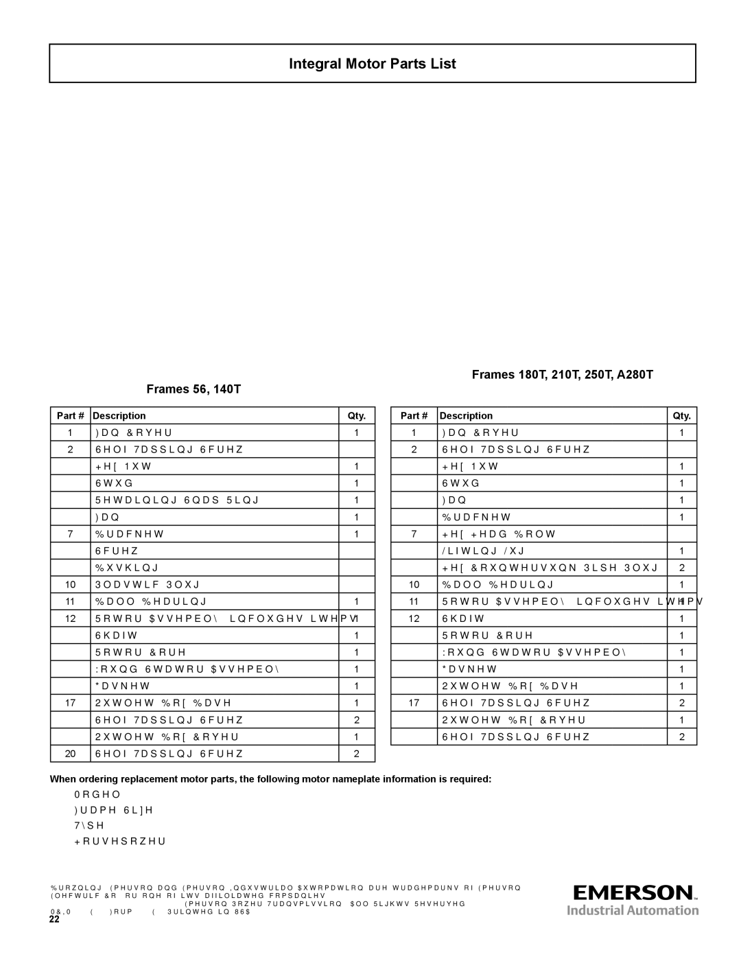 Emerson 3000 Integral Motor Parts List, Frames 180T, 210T, 250T, A280T Frames 56, 140T, Description Qty 