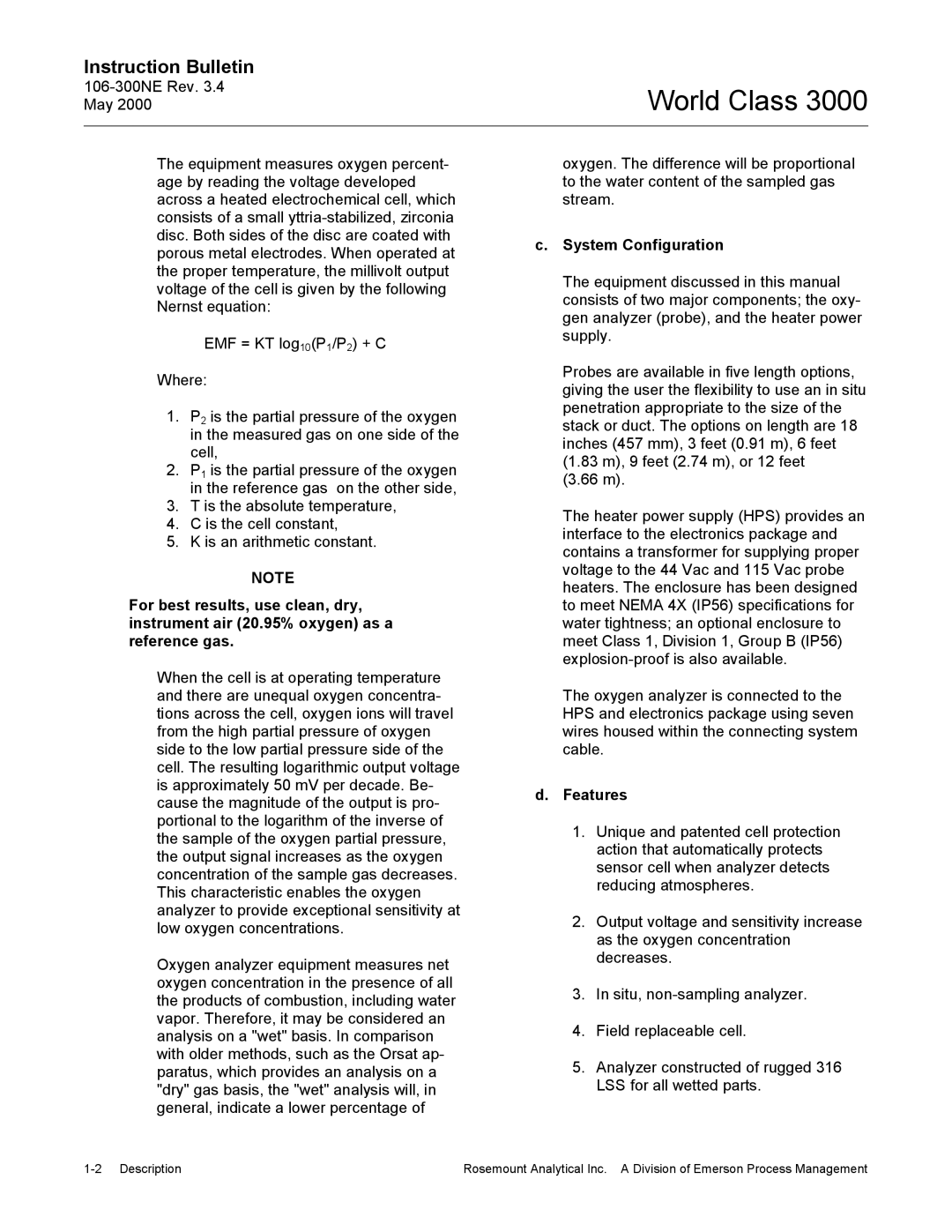 Emerson 3000 manual System Configuration, Features 