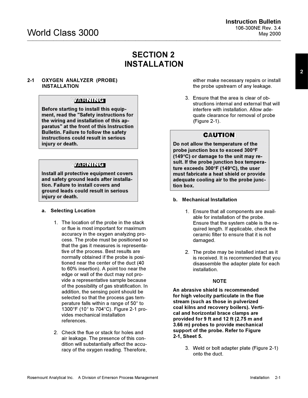 Emerson 3000 manual Section Installation, Oxygen Analyzer Probe, Either make necessary repairs or install 