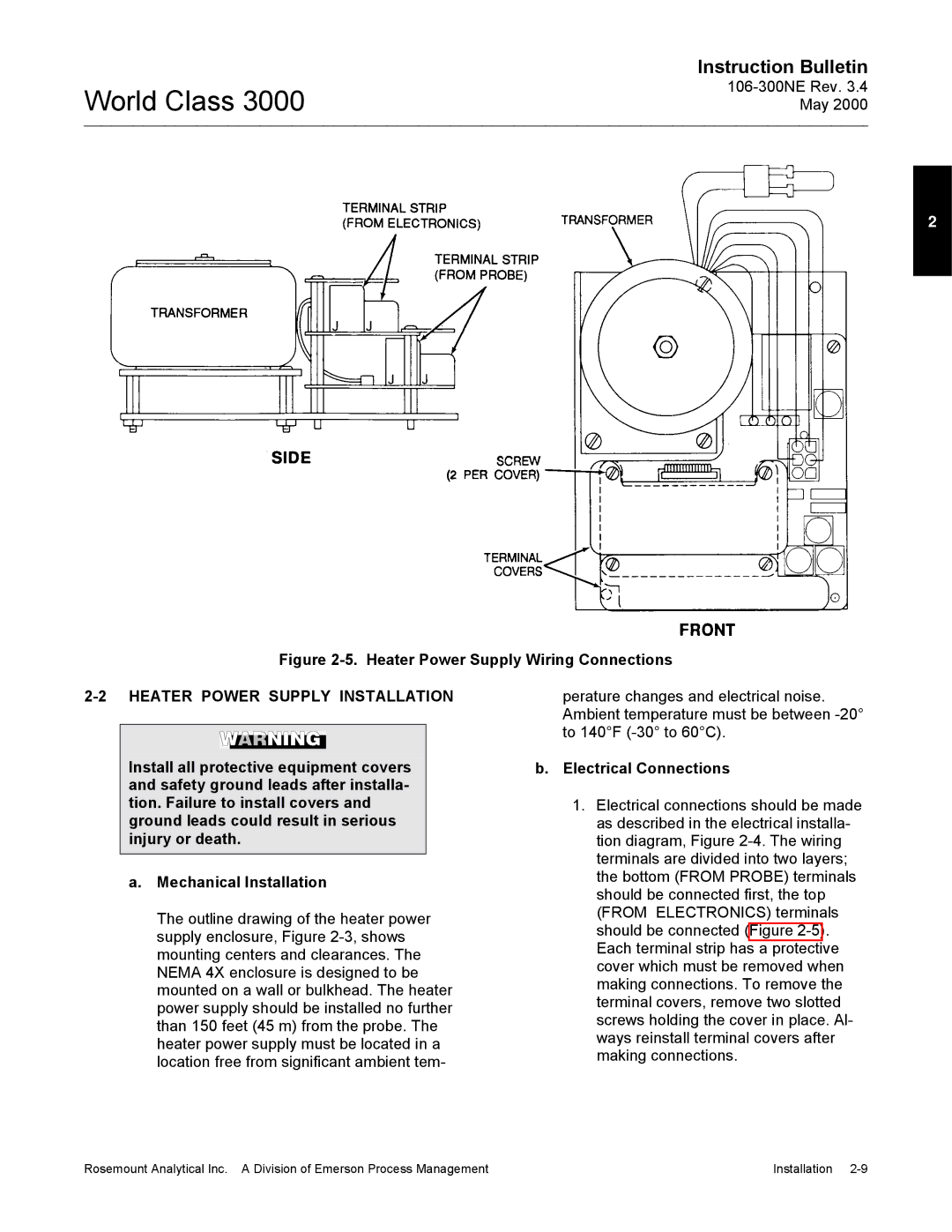 Emerson 3000 manual Heater Power Supply Installation, Electrical Connections 