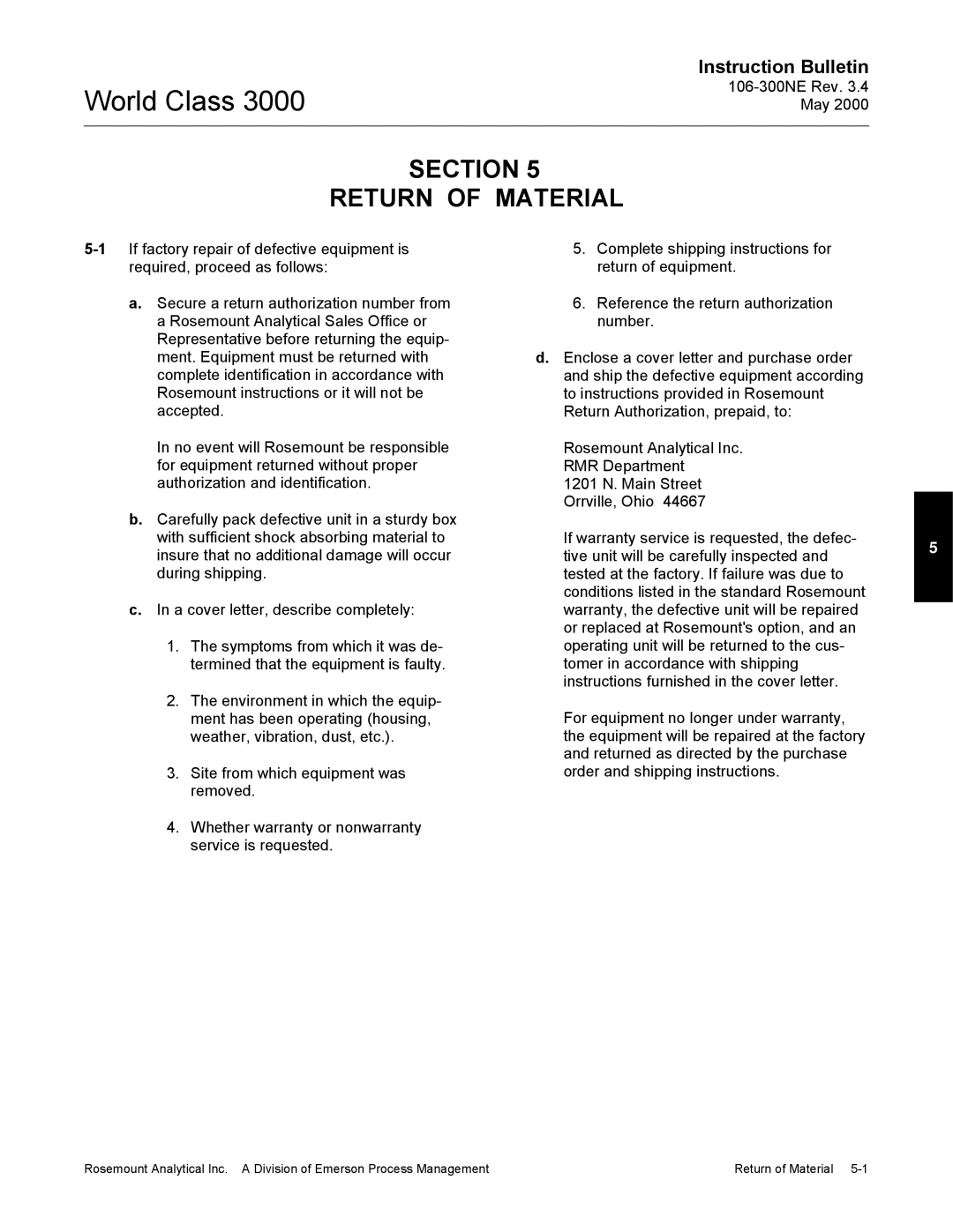 Emerson 3000 manual Section Return of Material 