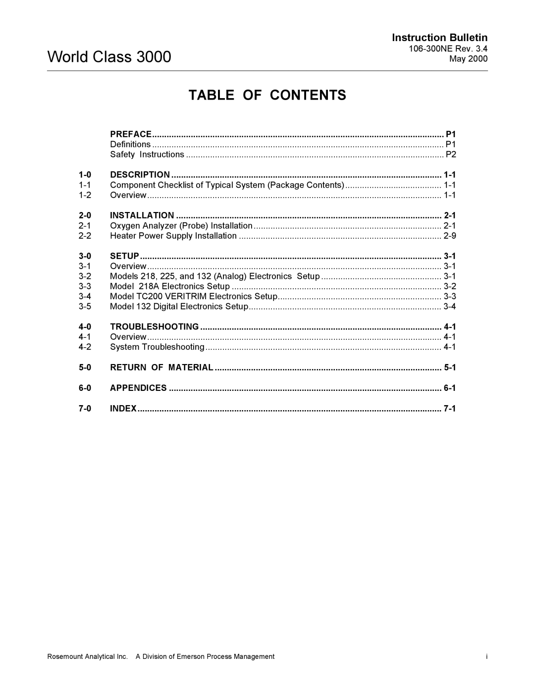 Emerson 3000 manual World Class, Table of Contents 