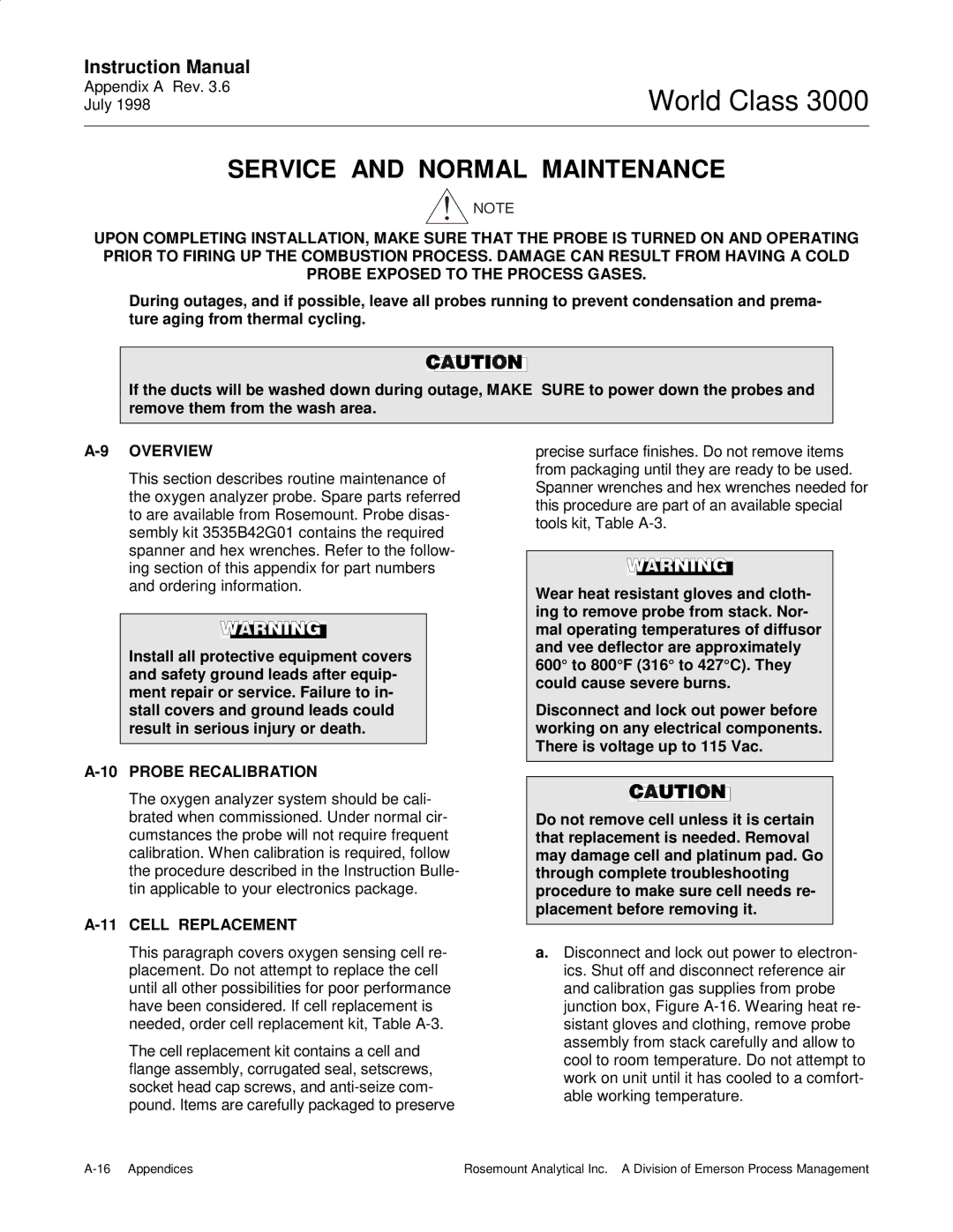 Emerson 3000 manual Probe Recalibration, Cell Replacement 