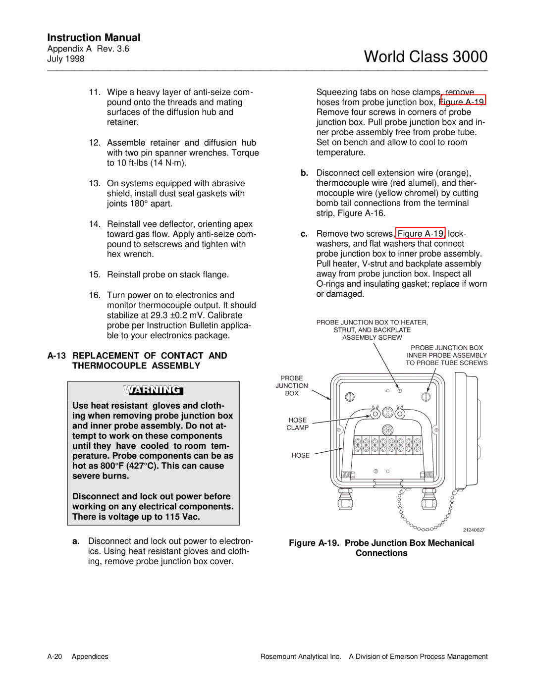 Emerson 3000 manual Replacement of Contact Thermocouple Assembly, Figure A-19. Probe Junction Box Mechanical Connections 