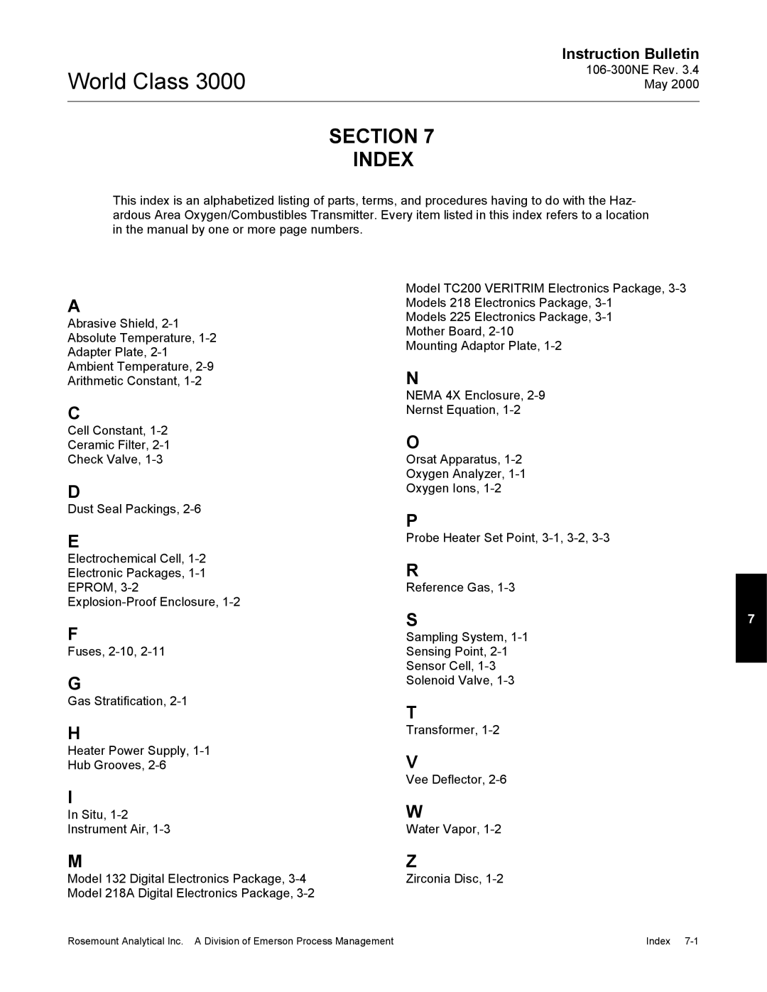 Emerson 3000 manual Section Index 