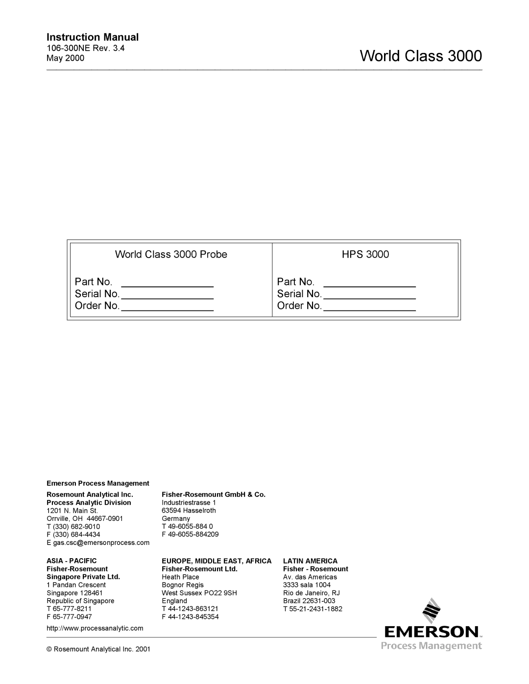 Emerson manual World Class 3000 Probe Serial No Order No HPS 