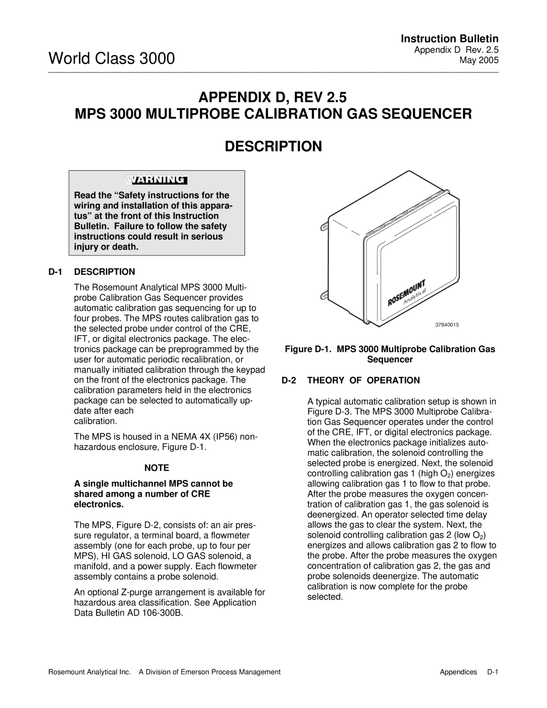 Emerson instruction manual Figure D-1. MPS 3000 Multiprobe Calibration Gas Sequencer 