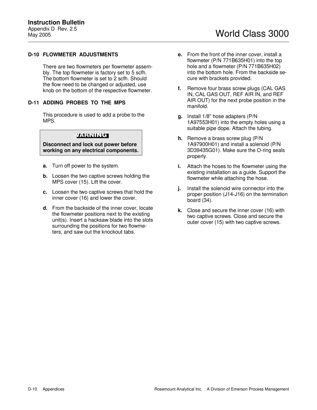 Emerson 3000 instruction manual Flowmeter Adjustments, Adding Probes to the MPS 