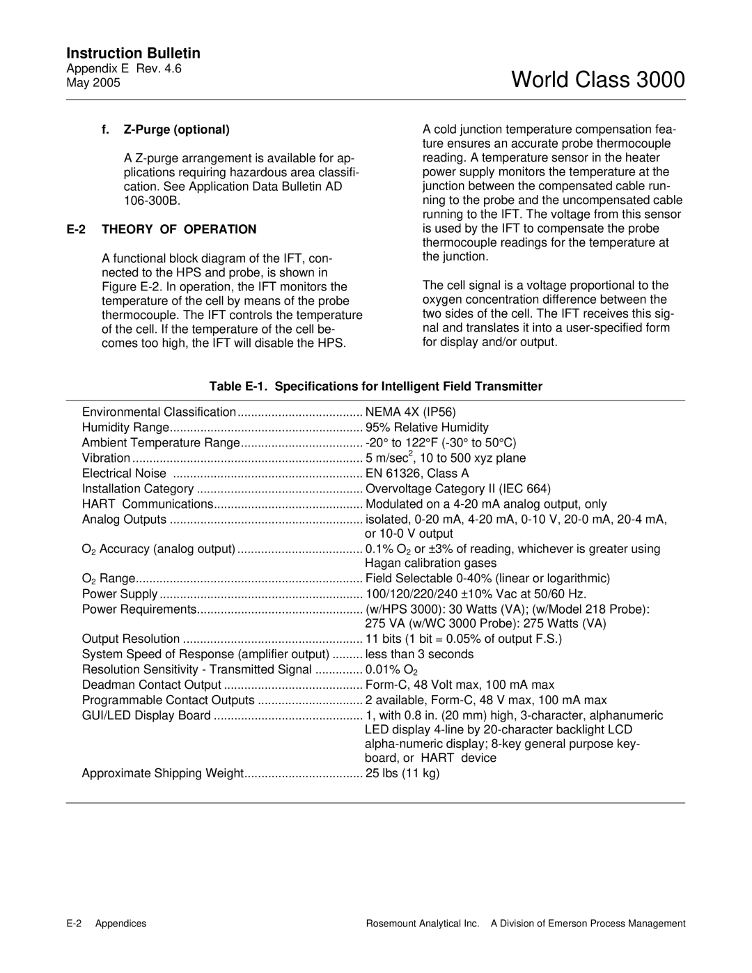 Emerson 3000 instruction manual Purge optional, Table E-1. Specifications for Intelligent Field Transmitter 