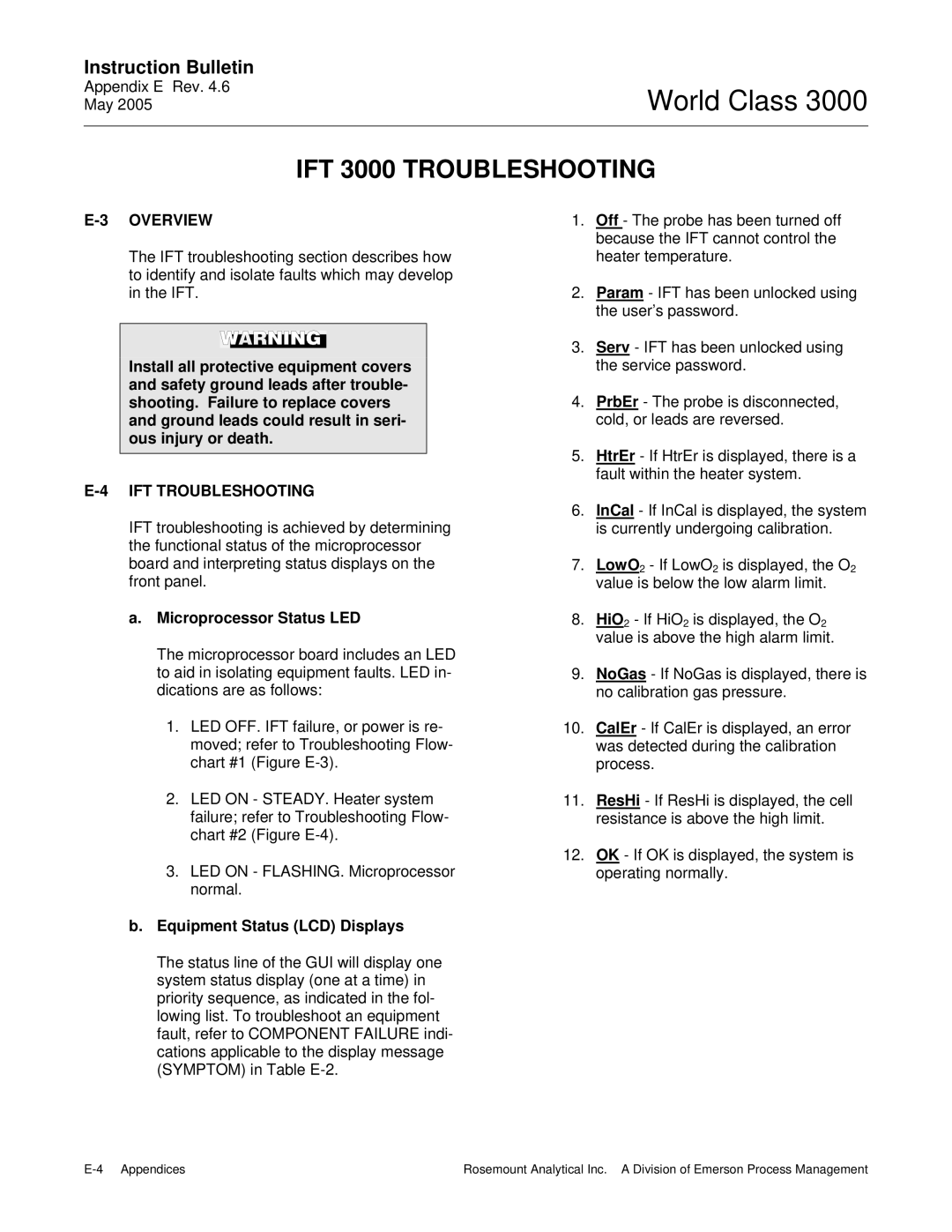 Emerson IFT 3000 Troubleshooting, IFT Troubleshooting, Microprocessor Status LED, Equipment Status LCD Displays 