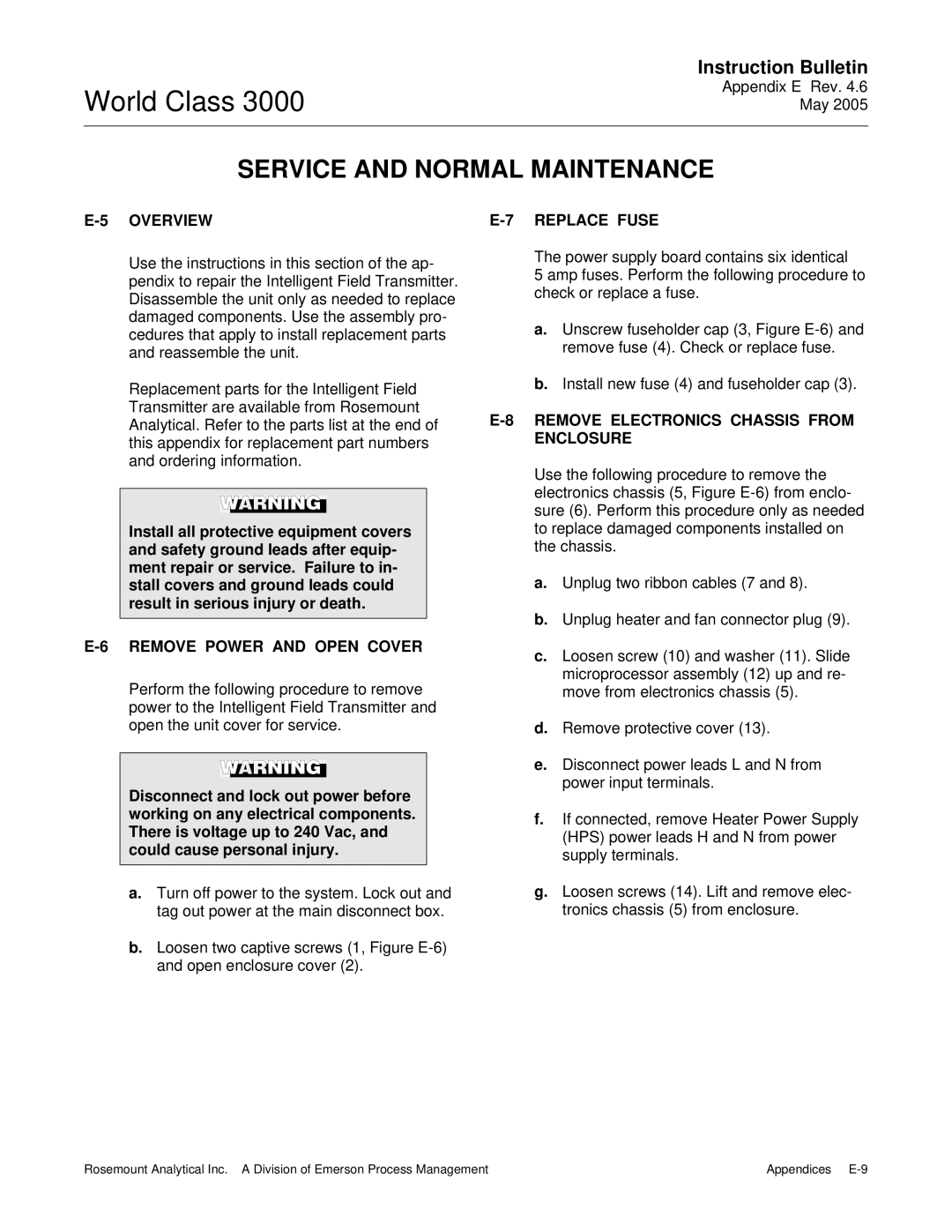 Emerson 3000 instruction manual Remove Power and Open Cover, Replace Fuse, Remove Electronics Chassis from Enclosure 