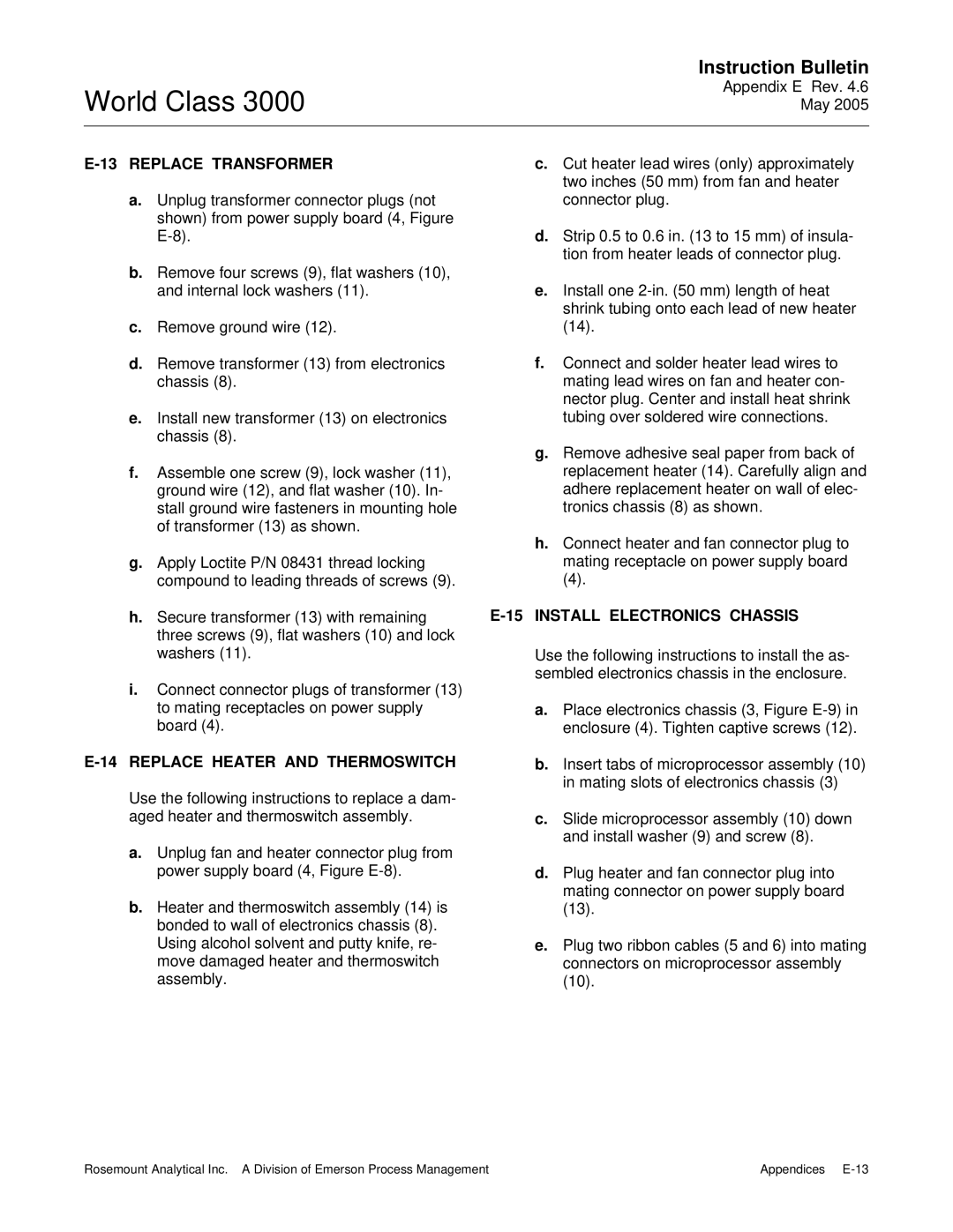 Emerson 3000 instruction manual Replace Transformer, Install Electronics Chassis, Replace Heater and Thermoswitch 