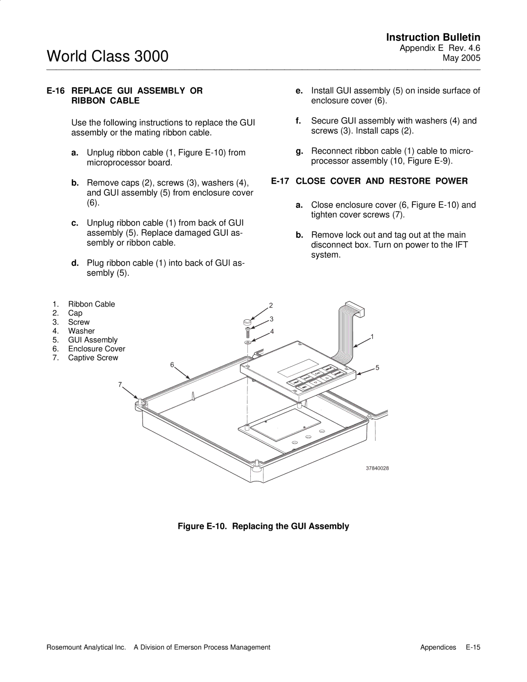 Emerson 3000 instruction manual Replace GUI Assembly or, Ribbon Cable, Close Cover and Restore Power 