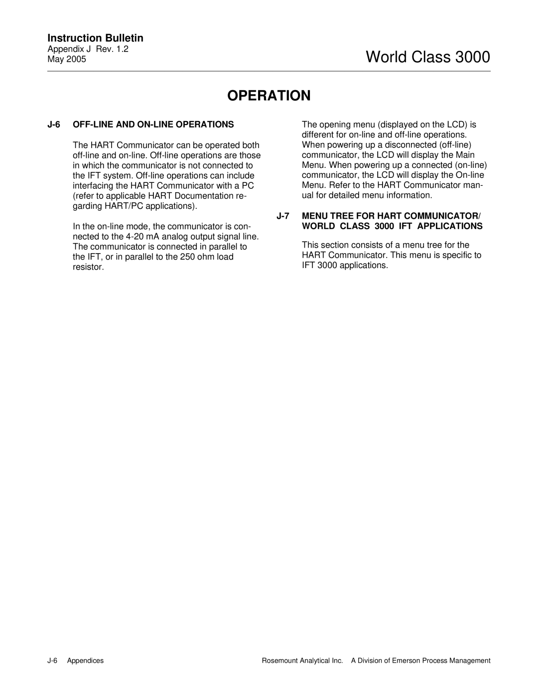 Emerson OFF-LINE and ON-LINE Operations, Menu Tree for Hart Communicator, World Class 3000 IFT Applications 