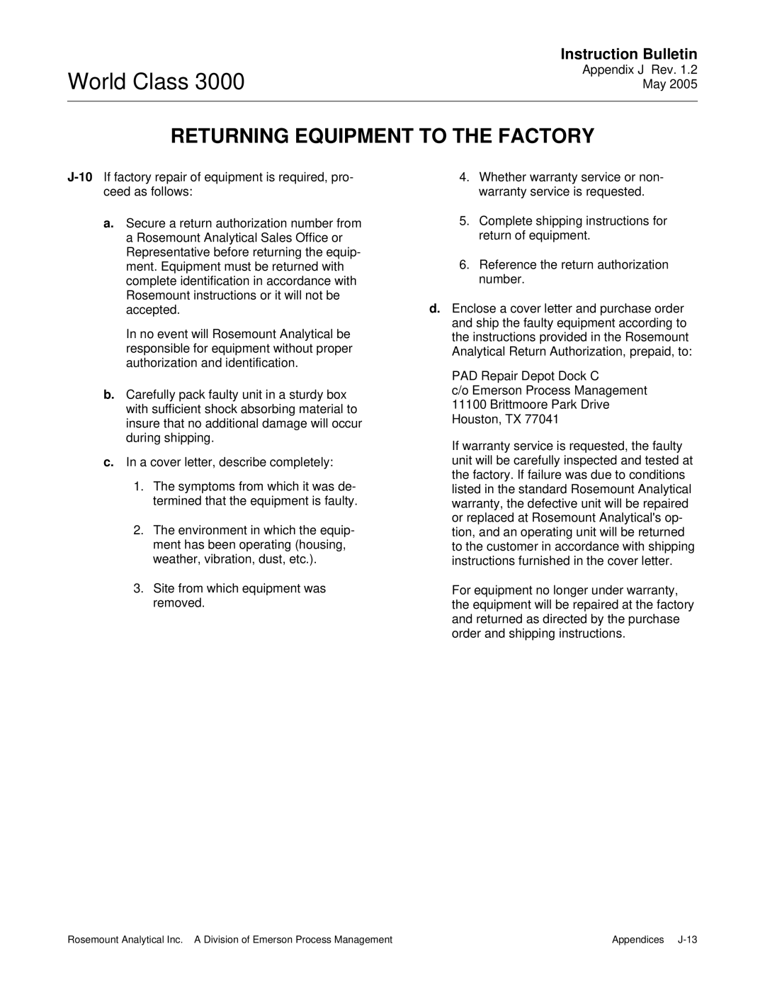 Emerson 3000 instruction manual Returning Equipment to the Factory 