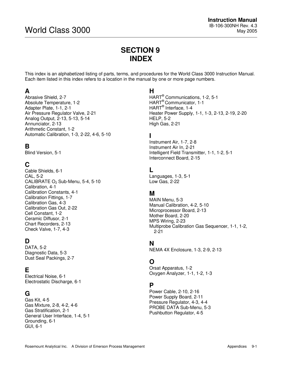 Emerson 3000 instruction manual Section Index 