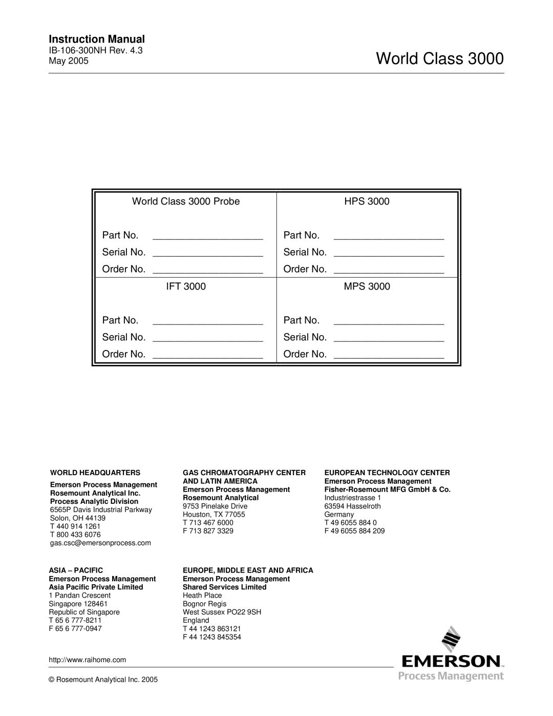 Emerson instruction manual World Class 3000 Probe HPS Serial No Order No IFT MPS 