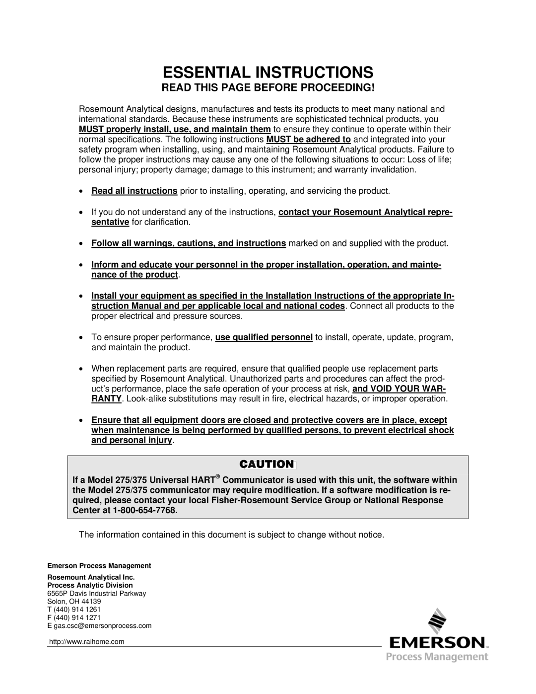 Emerson 3000 instruction manual Essential Instructions 