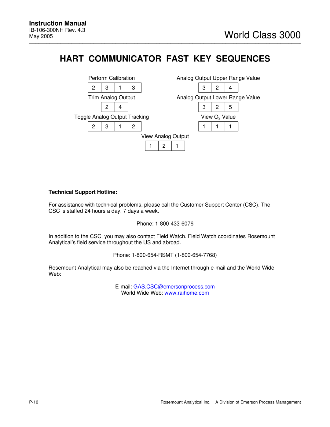 Emerson 3000 instruction manual Hart Communicator Fast KEY Sequences, Technical Support Hotline 