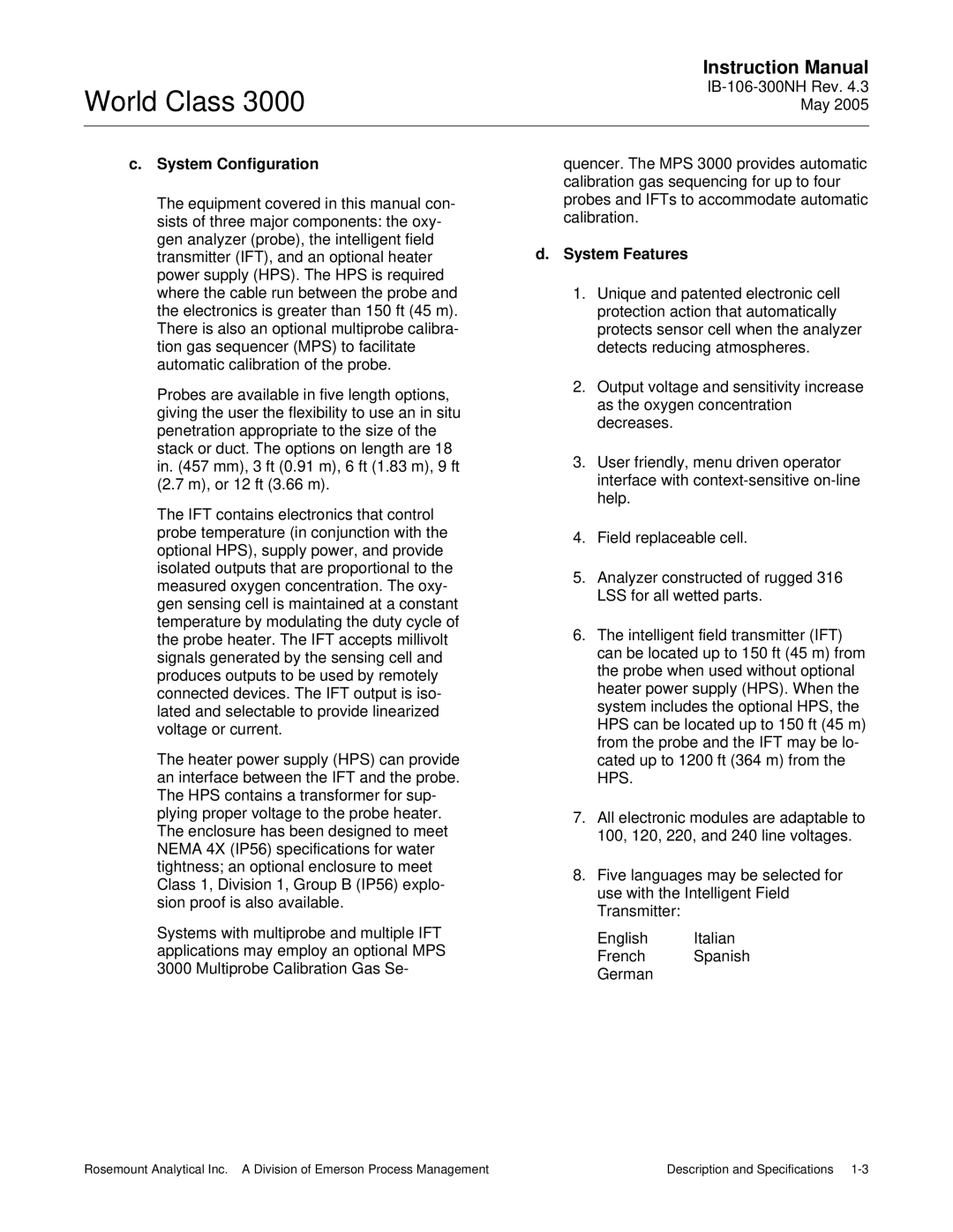 Emerson 3000 instruction manual System Configuration, System Features 