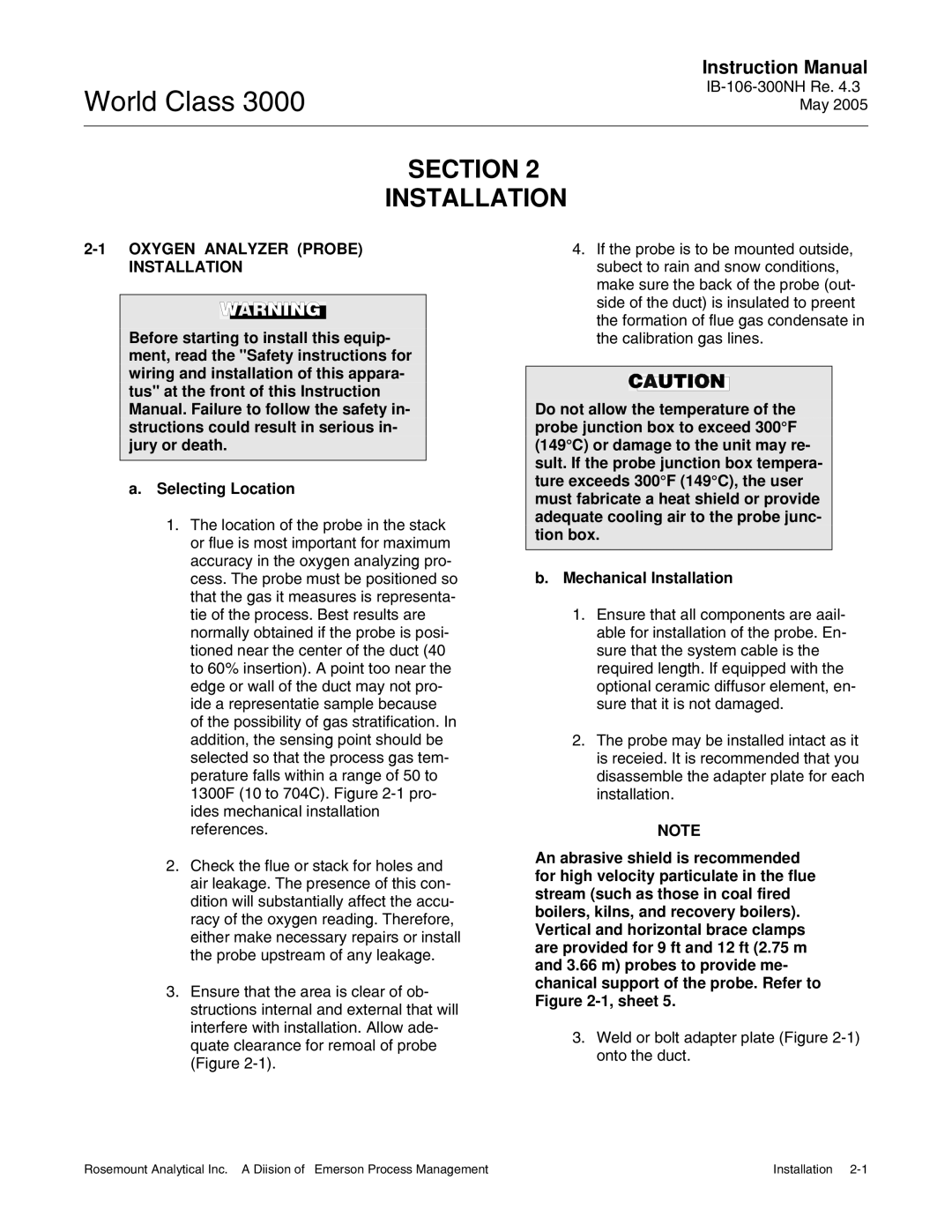 Emerson 3000 instruction manual Section Installation, Oxygen Analyzer Probe Installation, Selecting Location 