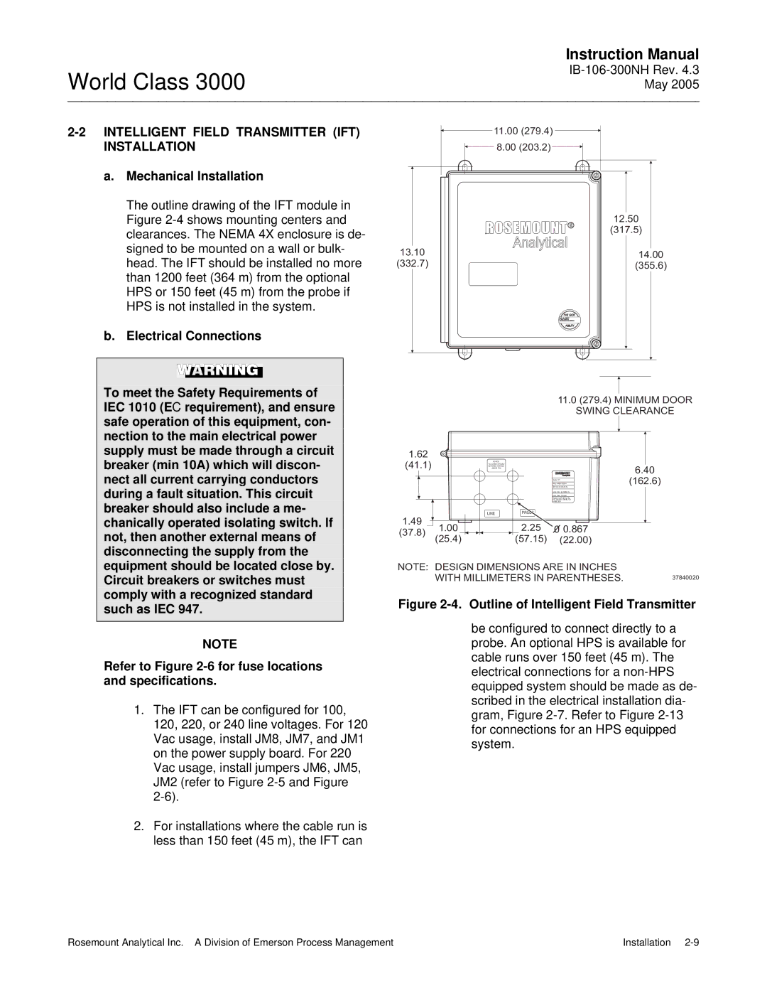 Emerson 3000 instruction manual Intelligent Field Transmitter IFT Installation, Electrical Connections 