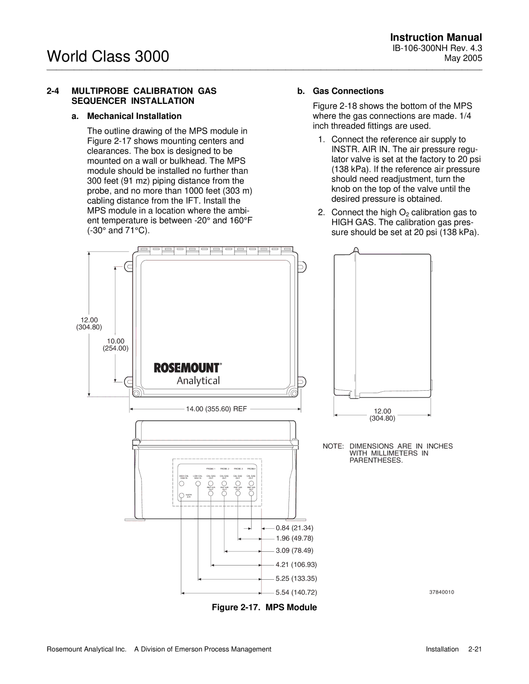 Emerson 3000 instruction manual Multiprobe Calibration GAS Sequencer Installation, Gas Connections 