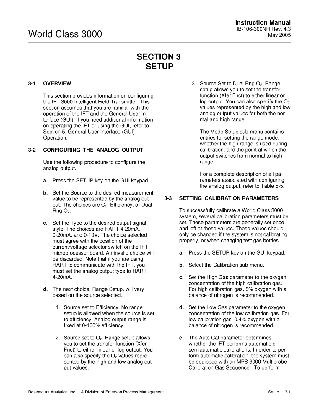 Emerson 3000 instruction manual Section Setup, Overview, Configuring the Analog Output, Setting Calibration Parameters 