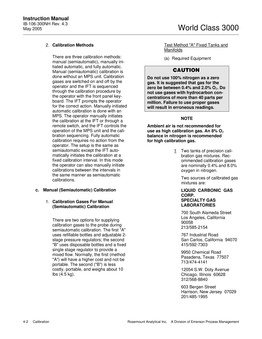 Emerson 3000 instruction manual Calibration Methods, Liquid Carbonic GAS Corp Specialty GAS Laboratories 