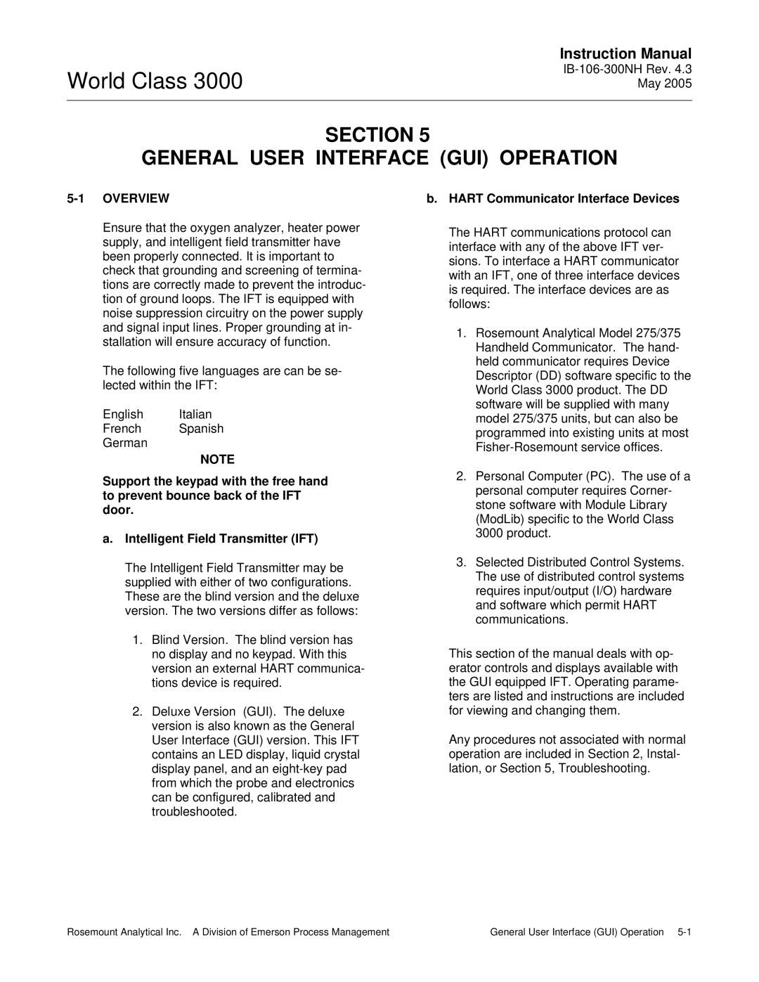 Emerson 3000 instruction manual Section General User Interface GUI Operation, Hart Communicator Interface Devices 