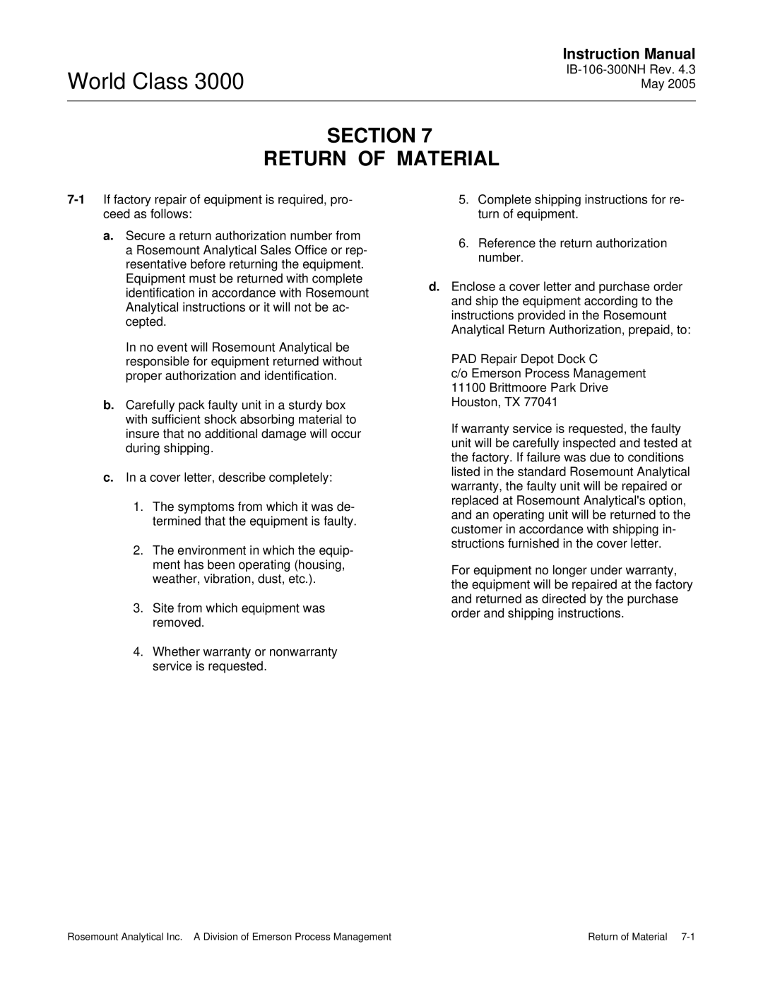 Emerson 3000 instruction manual Section Return of Material 