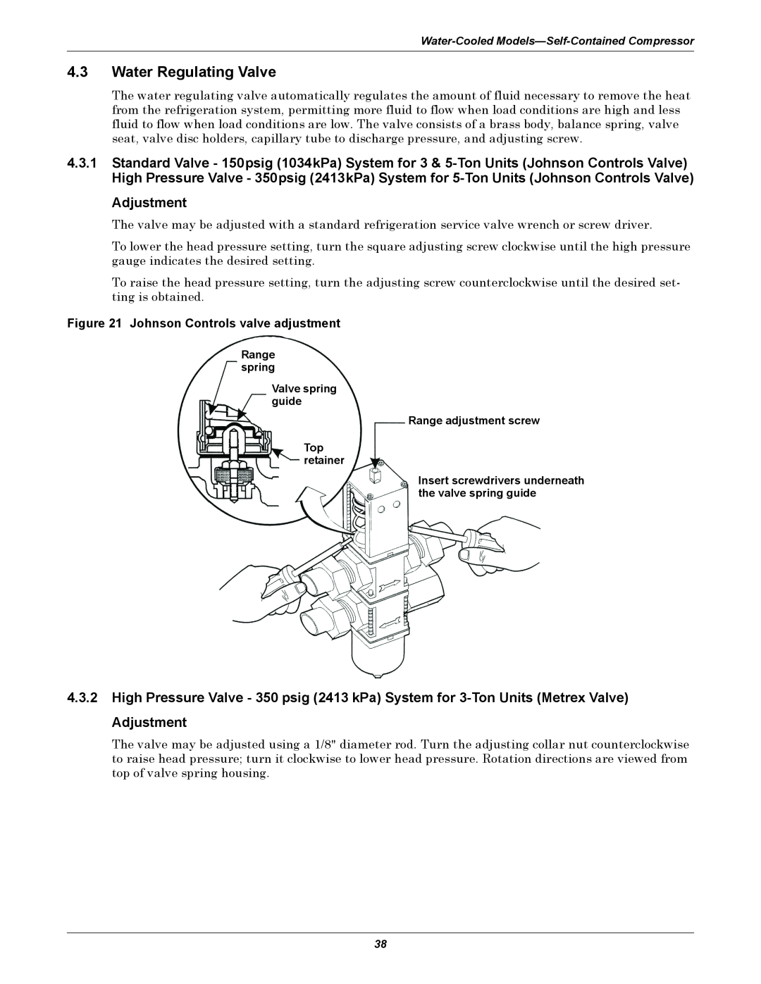 Emerson 3000 installation manual 4.3Water Regulating Valve, Adjustment, Johnson Controls valve adjustment 