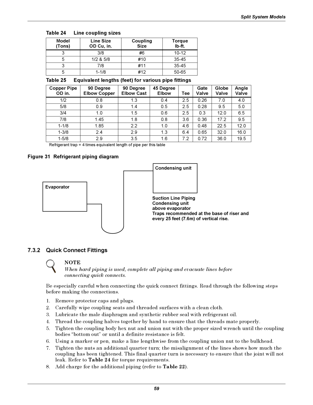 Emerson 3000 installation manual 7.3.2Quick Connect Fittings, Line coupling sizes, Refrigerant piping diagram 